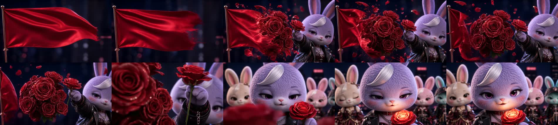 Ten actual review frames from the flag-to-roses motion sequence