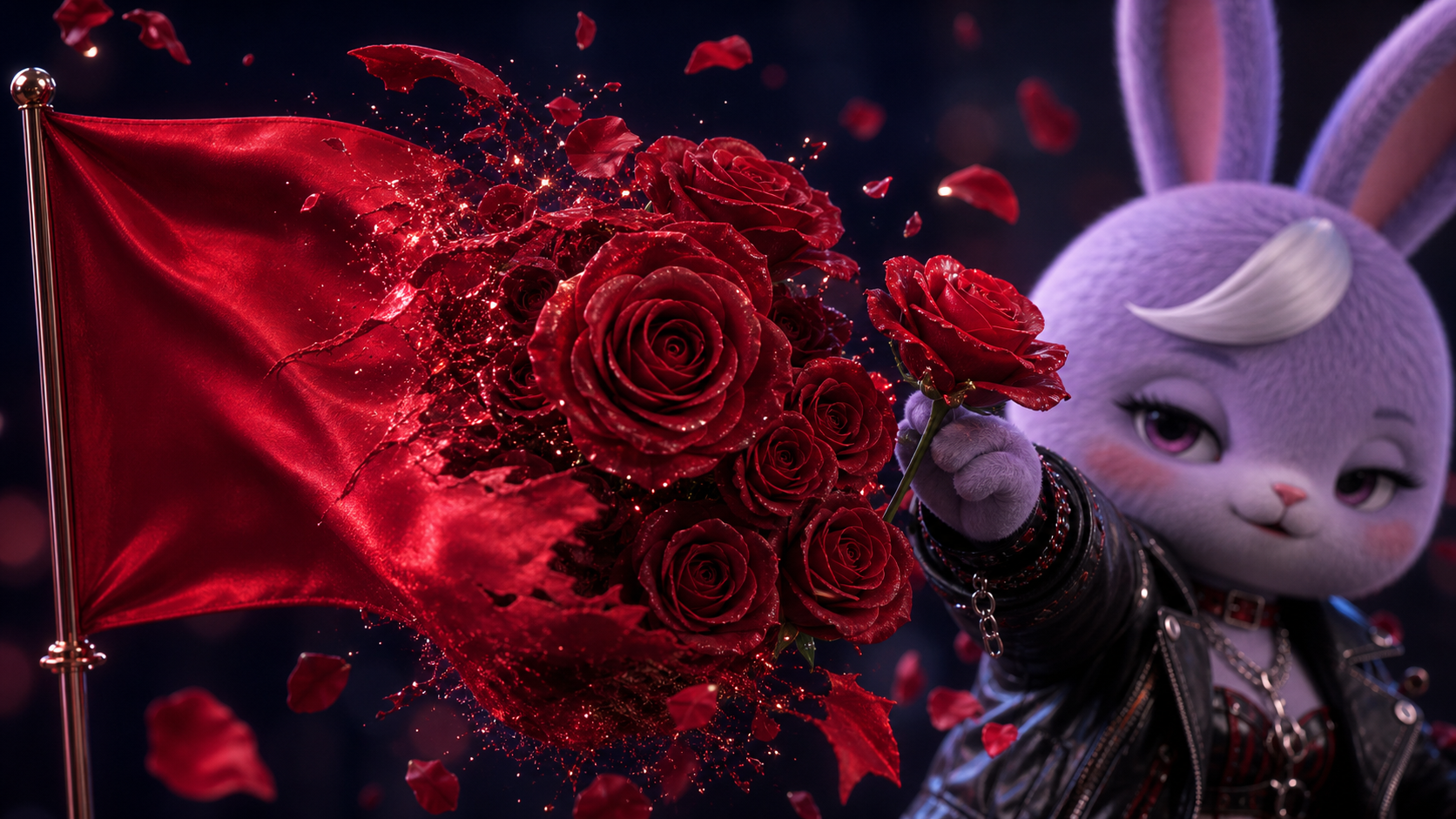 Original planned shot of a red flag becoming a bouquet